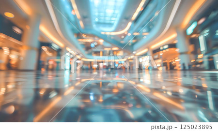 luxury commerce shopping mall hallway scene with blurred background with bright lights and reflections on polished floor modern interior design architecture retail consumer center urban spacious bokeh 125023895