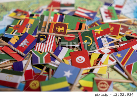 Collection of World Flags on Wooden Sticks: International Country Symbols Display with Malaysia, Tunisia, Bangladesh and Other National Emblems 125023934