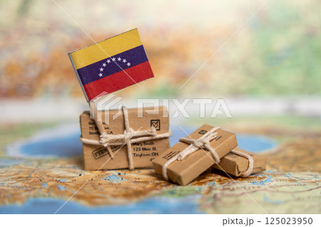 International Shipping and Delivery Services to Venezuela: Small Packages on World Map with Venezuelan Flag and Address Labels International Shipping and Delivery Services to Venezuela: Small Packages on World Map with Venezuelan Flag and Address Labels 125023950