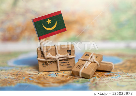 International Shipping and Delivery to Mauritania: Small Packages on World Map with Mauritanian Flag and Address Labels International Shipping and Delivery to Mauritania: Small Packages on World Map with Mauritanian Flag and Address Labels 125023978