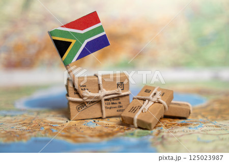 South African International Shipping: Small Packages and Parcels on World Map with National Flag Delivery Service 125023987