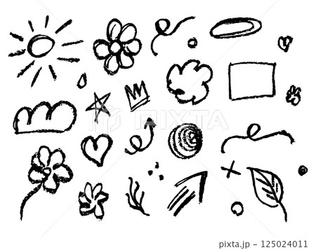 Hand-drawn black crayon and chalk vector set. Scribble elements like clouds, flowers, and arrows in a childlike pencil doodle style. Fun and playful vector Hand-drawn black crayon and chalk vector set. Scribble elements like clouds, flowers, and arrows in a childlike pencil doodle style. Fun and playful vector 125024011