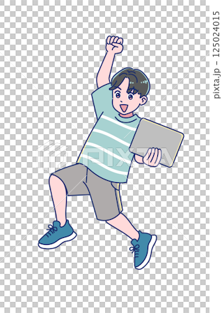 一名小學男孩微笑著跳躍 125024015