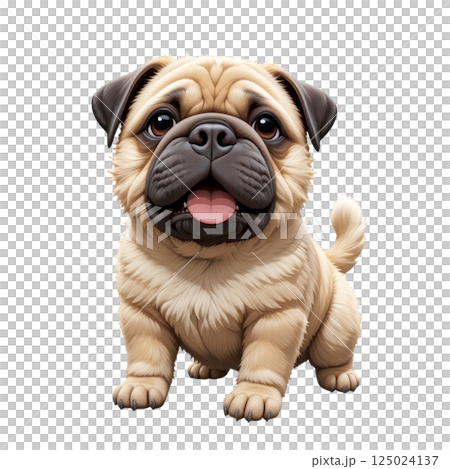Adorable cartoon pug puppy with cheerful expression, big round eyes, and wagging tail, showcasing its playful and friendly nature. Perfect for pet themed designs. 125024137