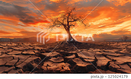 Alone died tree on cracked soil in sunset background showing effect of high temperature climate change global warming environment situation, natural warm atmospheric situation land roots ecosystem 125024179