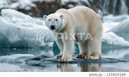 Polar bear wildlife nature arctic ice cold snow winter frozen landscape habitat mammal wilderness standing on melt iceberg as effect climate change global warming situation environmental conservation 125024180