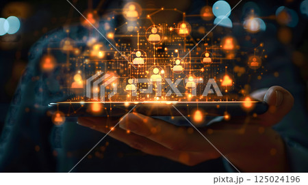 Hands hold tablet human hologram icon showing network connection technology communication with each other using digital media social device innovation, human resource online recruitment management 125024196
