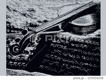ペンタッチのレトロな寒色トーンのバイオリンと楽譜 のイラスト 125024208