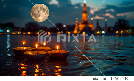 floating lotus shaped lanterns candles tranquil water surface in Loy Kratong festival in Thailand with full moon night casts gentle glow in background, celebration tradition spirituality river culture 125024303