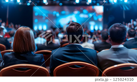 group of people attentively watching presentation at conference, showcasing professional atmosphere with bright stage lights and focused audience 125024310