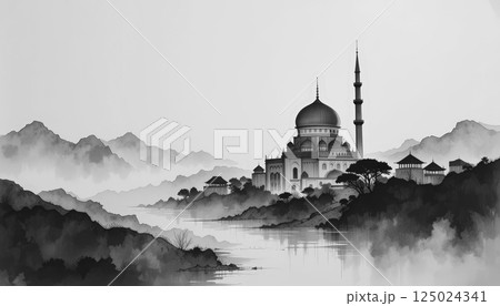 serene mosque surrounded by misty mountains and tranquil river, depicted in traditional Chinese ink painting style, evokes sense of peace and harmony. serene mosque surrounded by misty mountains and tranquil river, depicted in traditional Chinese ink painting style, evokes sense of peace and harmony. 125024341
