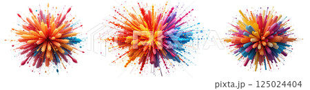 Colorful 3D render explosion set on transparent background, showcasing vibrant bursts of energy and dynamic shapes. 125024404
