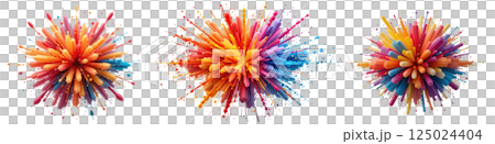 Colorful 3D render explosion set on transparent background, showcasing vibrant bursts of energy and dynamic shapes. 125024404