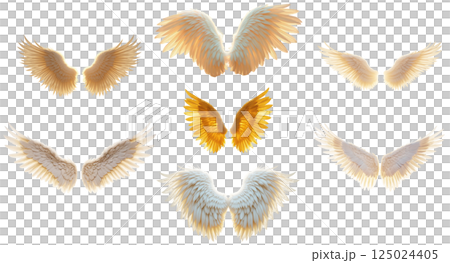 set of angel wings in various styles and colors on transparent background, evoking sense of grace and divinity 125024405