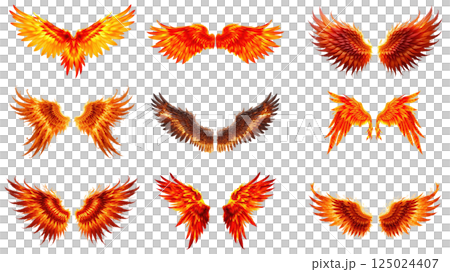 vibrant set of angel wings with fiery hues on transparent background, evoking sense of power and mystique vibrant set of angel wings with fiery hues on transparent background, evoking sense of power and mystique 125024407