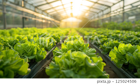 Lush rows of fresh lettuce and greens thrive in spacious greenhouse, basking in warm sunlight, organic vegetables farming agriculture healthy growth nature plant cultivation garden spring harvest Lush rows of fresh lettuce and greens thrive in spacious greenhouse, basking in warm sunlight, organic vegetables farming agriculture healthy growth nature plant cultivation garden spring harvest 125024506
