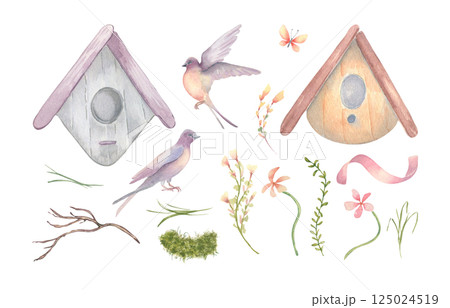 Birdhouses, swallows and botanical elements in neutral colors watercolor set isolated white. Soft simple blooms, Barn swallow, pink ribbon and butterfly hand painted. Birds and plants drawing sketch. Birdhouses, swallows and botanical elements in neutral colors watercolor set isolated white. Soft simple blooms, Barn swallow, pink ribbon and butterfly hand painted. Birds and plants drawing sketch. 125024519