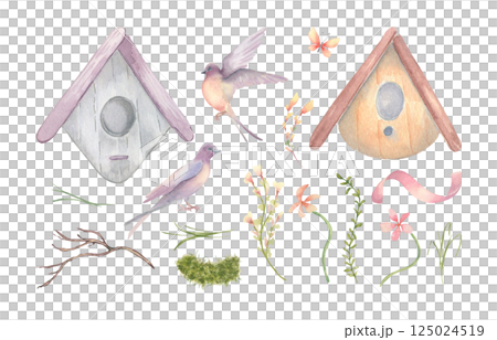 Birdhouses, swallows and botanical elements in neutral colors watercolor set isolated white. Soft simple blooms, Barn swallow, pink ribbon and butterfly hand painted. Birds and plants drawing sketch. Birdhouses, swallows and botanical elements in neutral colors watercolor set isolated white. Soft simple blooms, Barn swallow, pink ribbon and butterfly hand painted. Birds and plants drawing sketch. 125024519