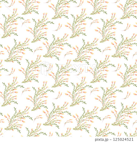 Tiny wildflowers herbs grass in watercolor warm spring tones on seamless pattern isolated on white. Hand drawn pink toadflax flowers for floral background, home cottagecore decor, gift wrapping. 125024521