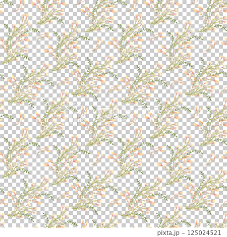 Tiny wildflowers herbs grass in watercolor warm spring tones on seamless pattern isolated on white. Hand drawn pink toadflax flowers for floral background, home cottagecore decor, gift wrapping. 125024521
