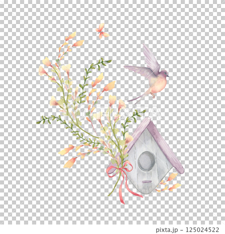 Watercolor bird house, swallow flying and floral elements in soft peach yellow tones isolated on white. Bunch small flowers tied ribbon hand drawn botanical sketch. Spring design for children. 125024522