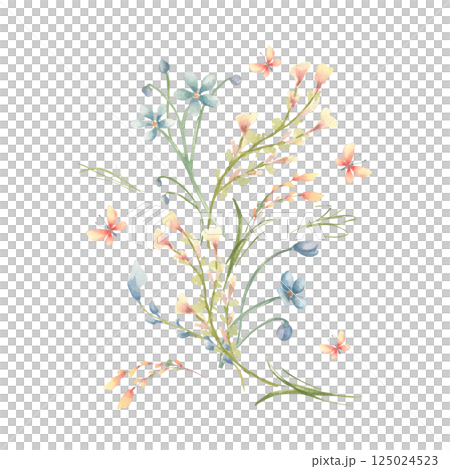 Delicate watercolor floral elements with soft peach yellow and blue wildflowers and butterflies isolated. Tiny flowers hand drawn botanical sketch. Cottagecore design for greeting card, stationery. 125024523