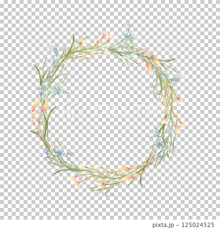 Soft watercolor floral wreath yellow and blue small flowers and meadow grasses isolated on white. Gentle round Easter frame of tiny wildflowers hand drawn templates for spring design cards, packaging. 125024525
