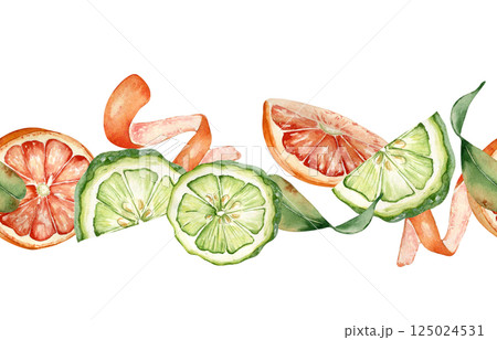Grapefruits and bergamot, orange and green citrus on watercolor seamless border isolated background. Bright summer repeated texture hand drawn with segments red orange and lime fruits, swirl peel Grapefruits and bergamot, orange and green citrus on watercolor seamless border isolated background. Bright summer repeated texture hand drawn with segments red orange and lime fruits, swirl peel 125024531