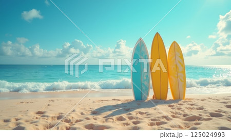 Three colorful surfboards standing upright on sandy beach near ocean waves under blue sky. Tropical summer surf concept with copy space 125024993