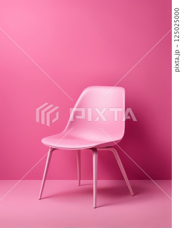 Modern pink plastic chair against pink wall and floor. Minimalist interior design with copy space for branding, advertising, and decor Modern pink plastic chair against pink wall and floor. Minimalist interior design with copy space for branding, advertising, and decor 125025000