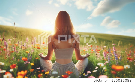 Woman meditating in lotus pose on grass surrounded by blooming wildflowers under blue sky in sunny spring meadow 125025088