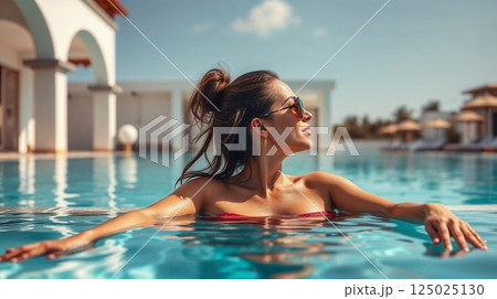 woman in sunglasses enjoy swimming pool in resort. Girl relax in water. lifestyle vacation mood woman in sunglasses enjoy swimming pool in resort. Girl relax in water. lifestyle vacation mood 125025130