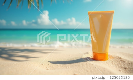 Sunscreen tube mockup on sandy beach with ocean waves and palm shadows. Sun protection and skincare product branding template, copy space 125025180