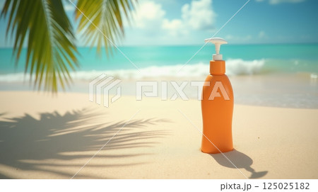 Orange sunscreen bottle mockup on tropical beach with sand, ocean, and palm leaves. Summer skincare and sun protection concept, copy space 125025182