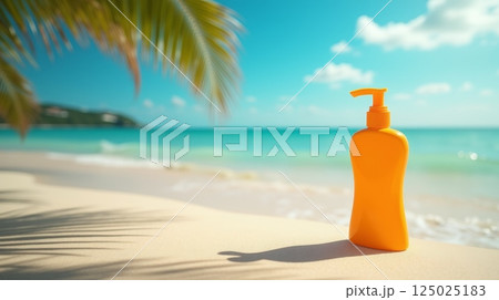 Sunscreen bottle on sandy beach with ocean waves and palm tree shadow. Summer skincare and sun protection concept. Mockup template with copy space 125025183