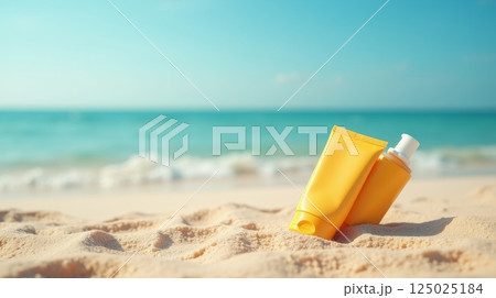 Sunscreen tubes on sandy beach with ocean waves. Summer skincare and sun protection concept. Mockup template for cosmetic branding, copy space 125025184