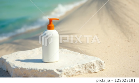 White cosmetic pump bottle with orange cap on stone at sandy tropical beach with ocean waves. Mockup for skincare, sunscreen, and beauty products, copy space White cosmetic pump bottle with orange cap on stone at sandy tropical beach with ocean waves. Mockup for skincare, sunscreen, and beauty products, copy space 125025191