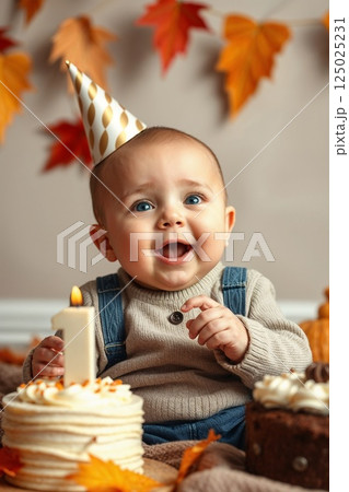 Little baby toddler in party hat celebrate first birthday with cake Little baby toddler in party hat celebrate first birthday with cake 125025231