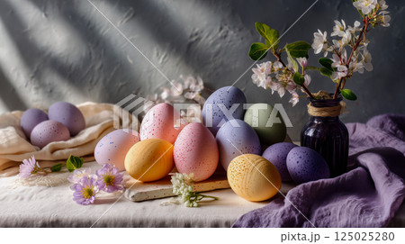 Pastel Easter Eggs and Spring Flowers on Rustic Table 125025280