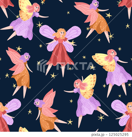 Cute pixie girl flying in seamless pattern. Illustration of fairies on starry night sky. Ideal for whimsical packaging, and textile Cute pixie girl flying in seamless pattern. Illustration of fairies on starry night sky. Ideal for whimsical packaging, and textile 125025295