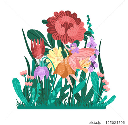 Cute elf girl flying in starlit flower garden. Flat illustration of fairy with magical plants. Night fantasy scene for storybook or greeting card. Ideal for whimsical packaging, and story books 125025296