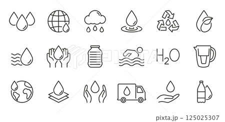 Water Conservation And Sustainability Line Icon Set. Hydration, Recycling, And Global Water Management Outline Symbol. Environmental Protection. Editable Stroke. Isolated Vector Illustration 125025307
