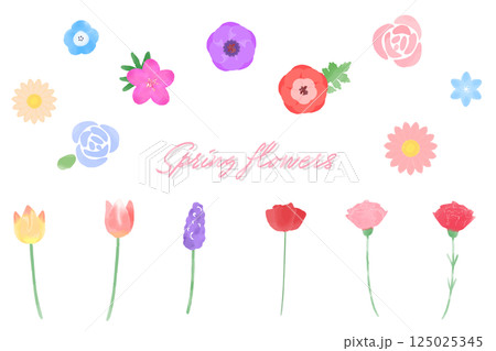 水彩風のお花のイラストセット 春の植物 水彩風のお花のイラストセット 春の植物 125025345