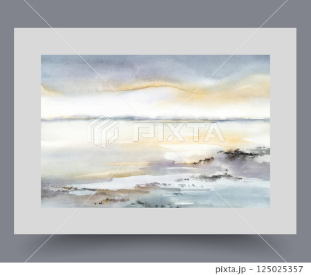 Sunset over beach or seascape with waters washing tourist island on poster. Watercolor artwork Sunset over beach or seascape with waters washing tourist island on poster. Watercolor artwork 125025357