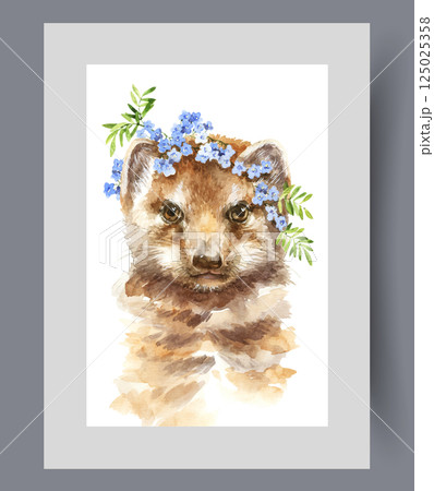Ferocious ferret, ready to attack enemy, looks at screen on print. Watercolor artwork Ferocious ferret, ready to attack enemy, looks at screen on print. Watercolor artwork 125025358