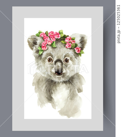 Koala from family marsupial bears with wreath of small flowers on head on print. Watercolor artwork 125025361