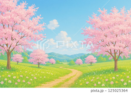 満開の桜並木と春の青空の風景 125025364