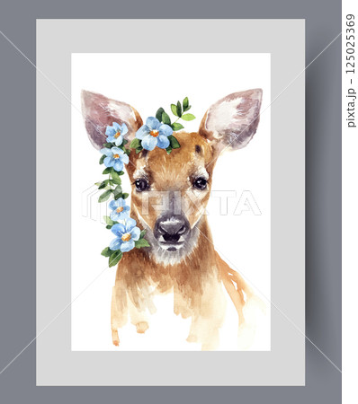 Small fawn from nature reserve with flowers on head looks at screen on print. Watercolor artwork 125025369