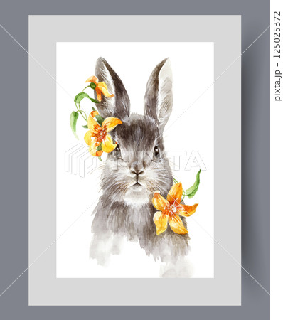 Gray fluffy hare with long ears and spring yellow flowers on wall art. Watercolor artwork 125025372