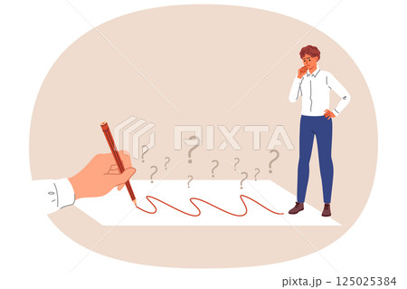 Businessman is considering correctness proposed solution and path that is drawn by hand with pencil 125025384